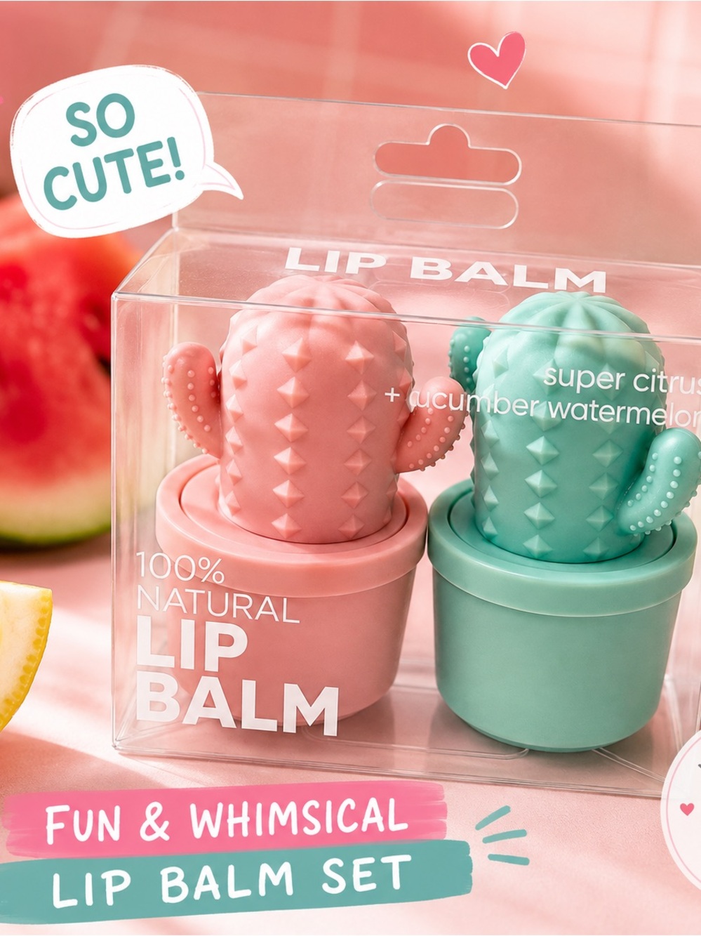 NEW - Rebels Refinery Cactus Lip Balm Set - Cucumber Watermelon & Summer Citrus